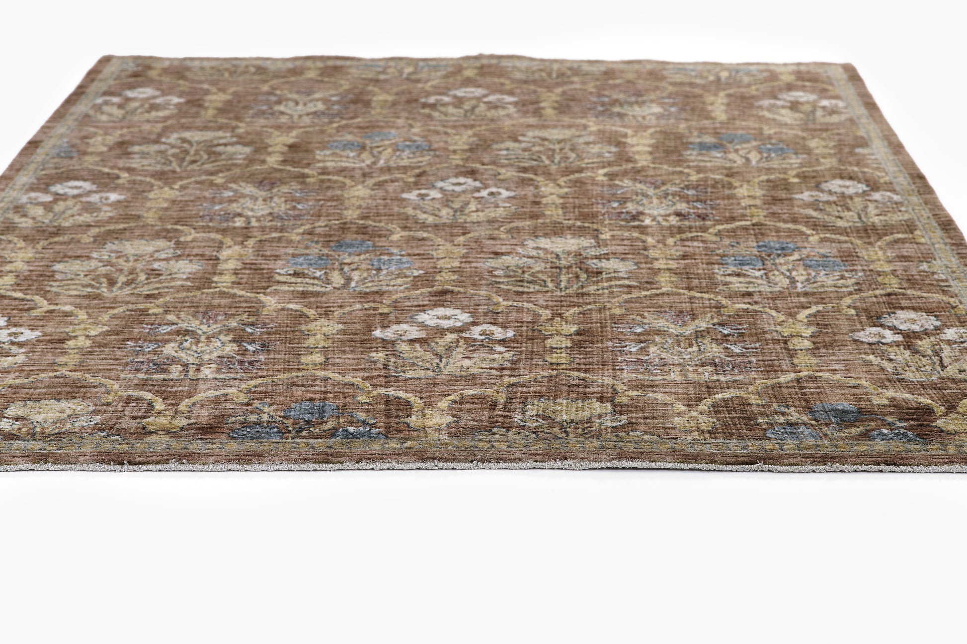 Rectangular oriental runner rug with brown field, ivory floral motifs, blue accents, fringed border, wool texture, vintage style.