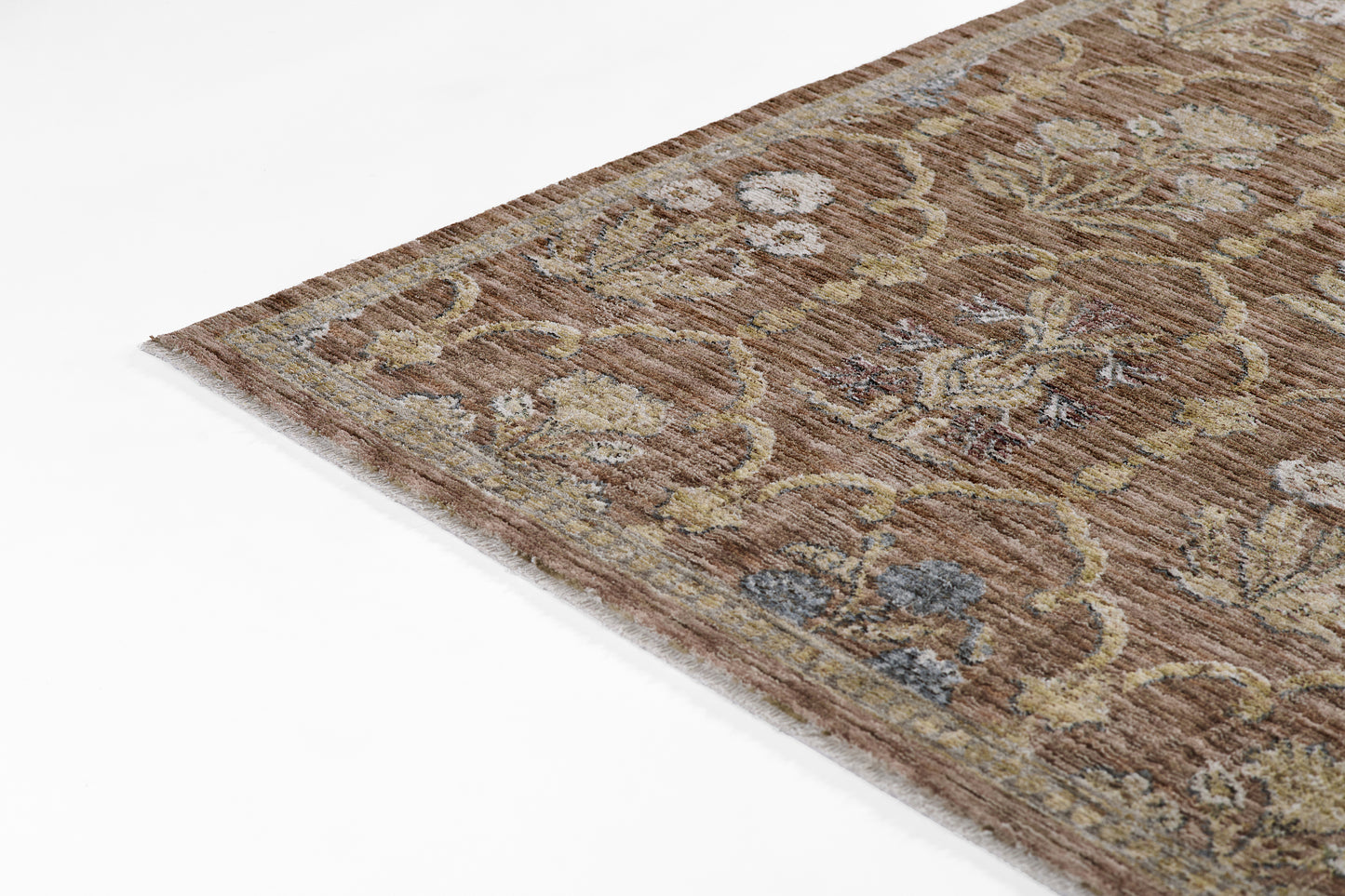 Brown Persian-style floral rug with cream and blue accents; rectangular woven textile for living room decor.