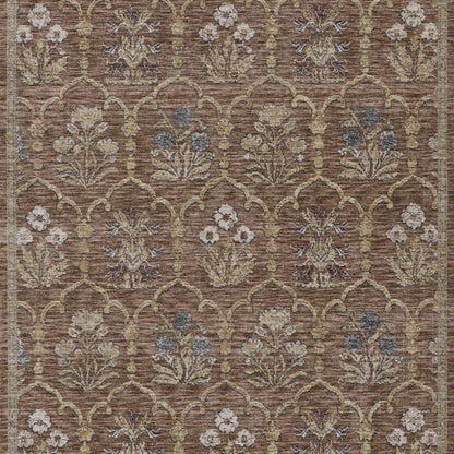 Brown woven rug with repeating lattice arches and ivory flowers with blue accents.