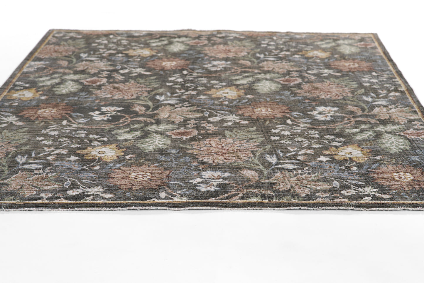 Dark floral area rug with muted multicolor blossoms on a gray-blue field and traditional border.