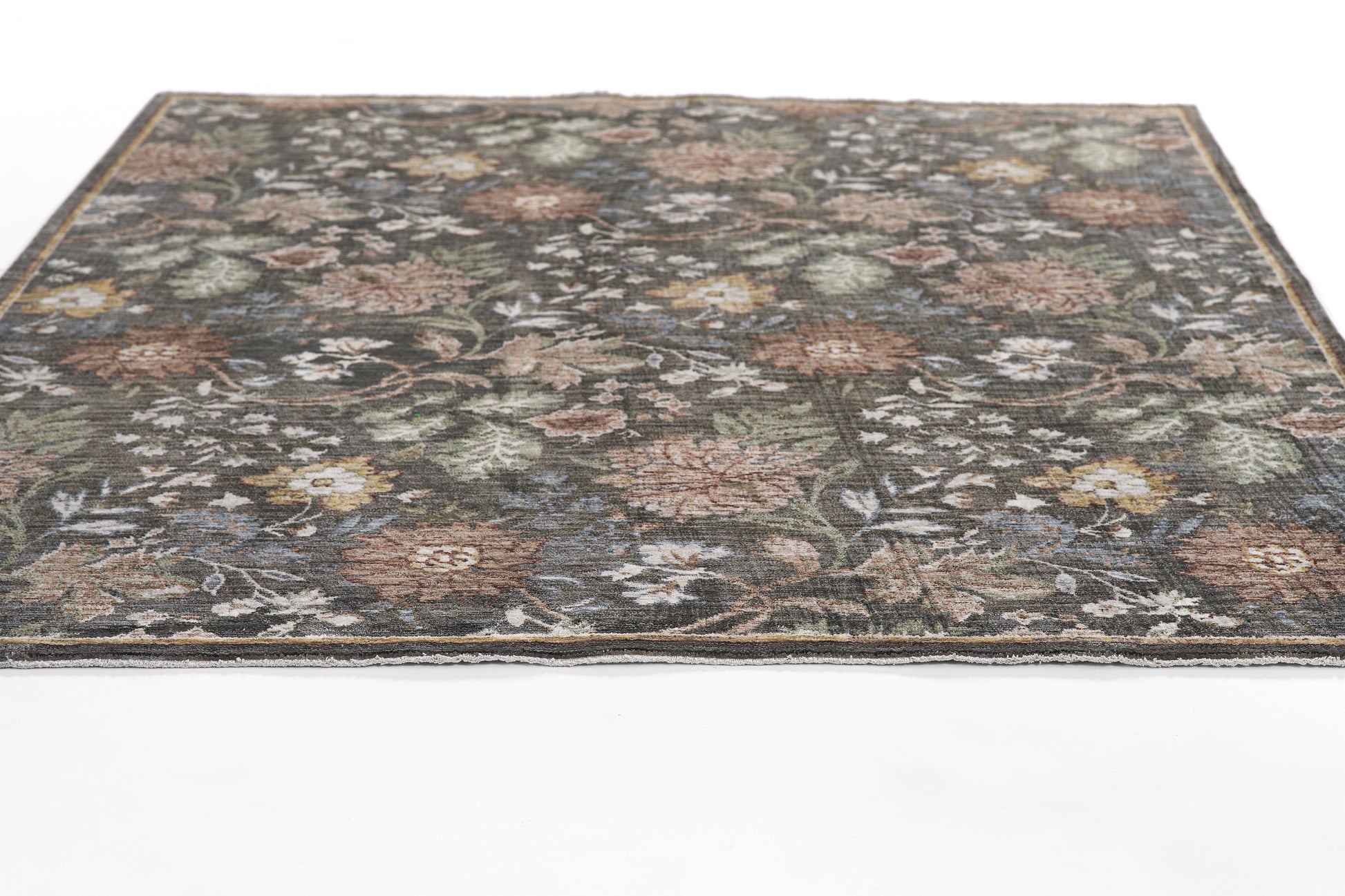 Dark floral area rug with muted multicolor blossoms on a gray-blue field and traditional border.