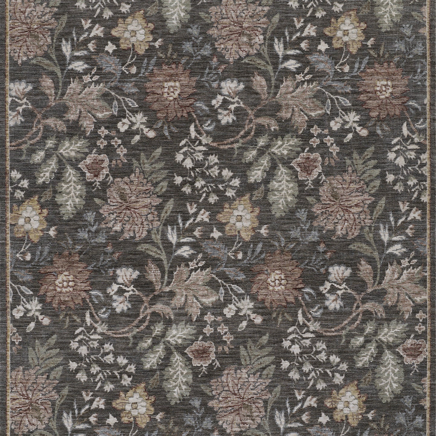 Dark charcoal floral area rug with beige, blush pink, yellow flowers & green leaves in a vintage botanical pattern.
