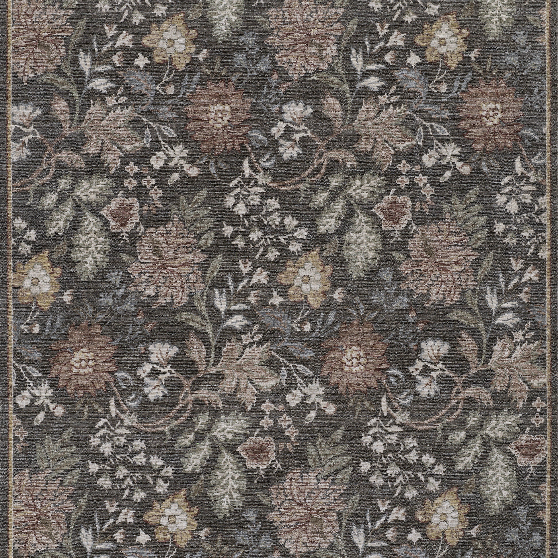 Dark charcoal floral area rug with beige, blush pink, yellow flowers & green leaves in a vintage botanical pattern.