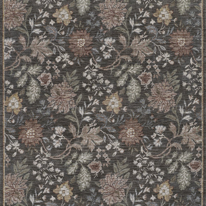 Dark charcoal floral area rug with beige, blush pink, yellow flowers & green leaves in a vintage botanical pattern.