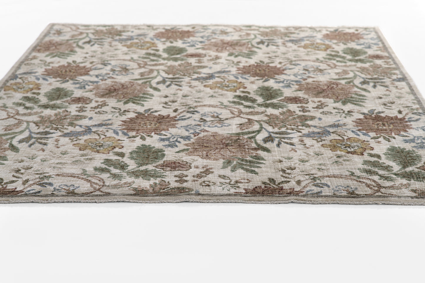 Rectangular oriental floral runner rug with ivory base, multicolor blossoms in green, brown, blue & gold, gray border, 2' x 8'.