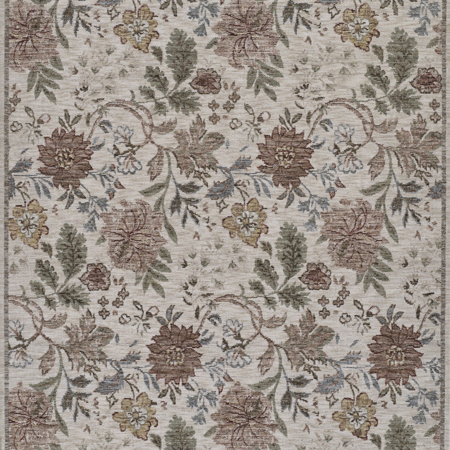 Beige floral patterned runner rug with muted brown, sage and mustard blossoms, blue-gray ivy-like leaves and winding vines.