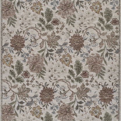 Beige floral patterned runner rug with muted brown, sage and mustard blossoms, blue-gray ivy-like leaves and winding vines.