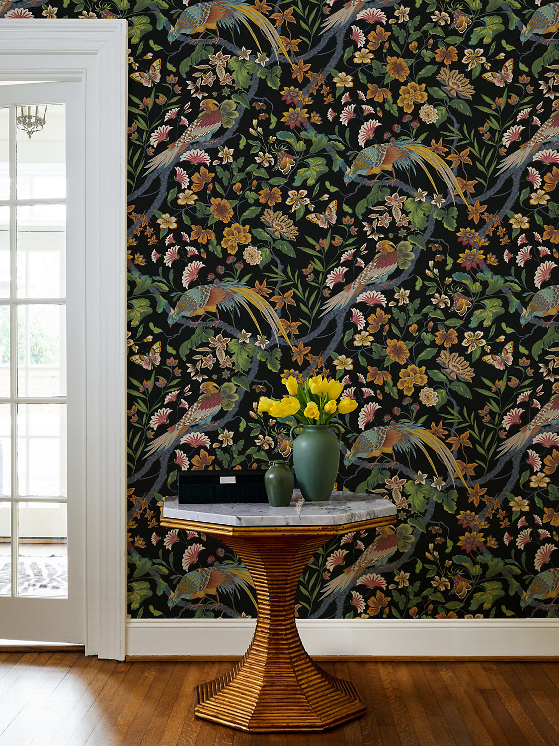 Scalamandré Botany Bay Black Ruby wallpaper featuring elegant pheasants and floral branches in a rich dark color palette. Luxury English-inspired bird and botanical wallcovering for dining rooms, bedrooms, powder rooms, and statement walls