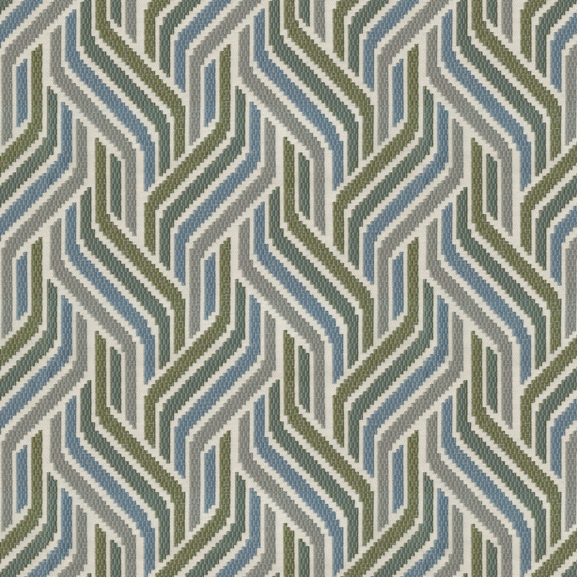Woven fabric with angular chevrons in olive green, blue-gray and light gray, repeating geometric pattern.