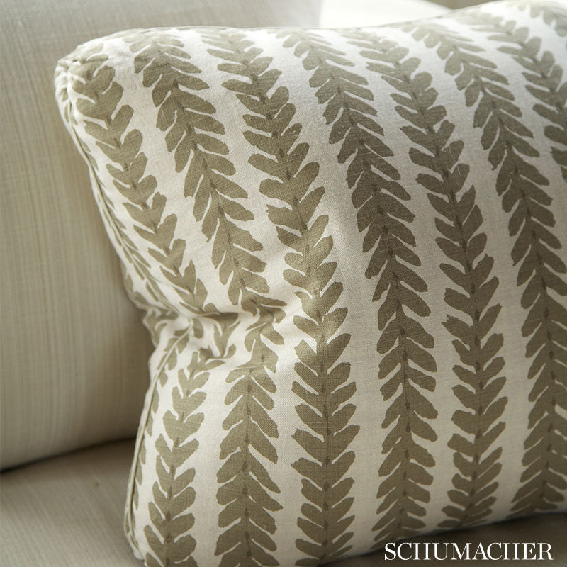 Sage green 100% linen Woodperry WOOD006 fabric by Veere Grenney / Schumacher — botanical stripe pattern ideal for upholstery, curtains, cushions, or drapery.
