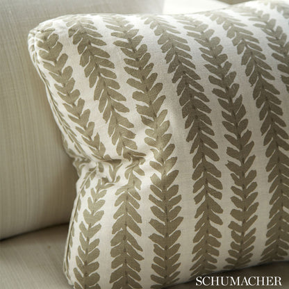 Sage green 100% linen Woodperry WOOD006 fabric by Veere Grenney / Schumacher — botanical stripe pattern ideal for upholstery, curtains, cushions, or drapery.