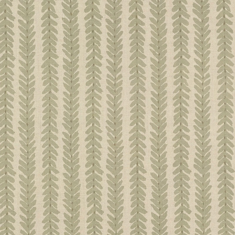 Sage green 100% linen Woodperry WOOD006 fabric by Veere Grenney / Schumacher — botanical stripe pattern ideal for upholstery, curtains, cushions, or drapery.