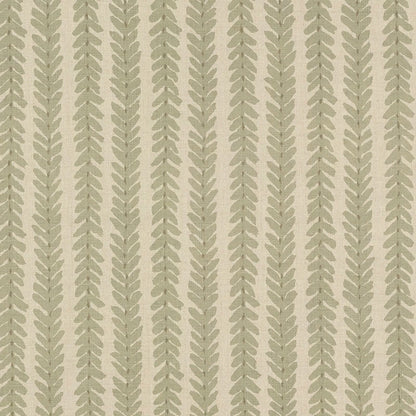 Sage green 100% linen Woodperry WOOD006 fabric by Veere Grenney / Schumacher — botanical stripe pattern ideal for upholstery, curtains, cushions, or drapery.