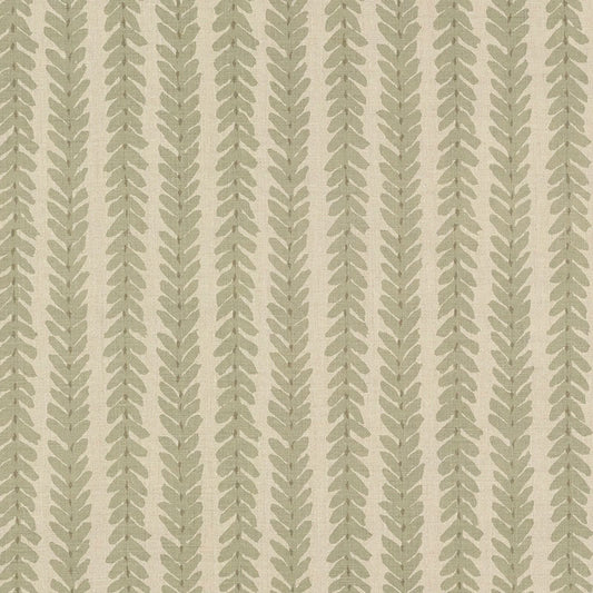 Sage green 100% linen Woodperry WOOD006 fabric by Veere Grenney / Schumacher — botanical stripe pattern ideal for upholstery, curtains, cushions, or drapery.