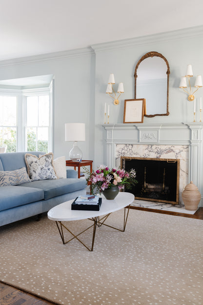 Soft blue rug in a living room with a marble fireplace, gold-framed mirror, white oval coffee table, and a floral bouquet; rug 2' x 3'.