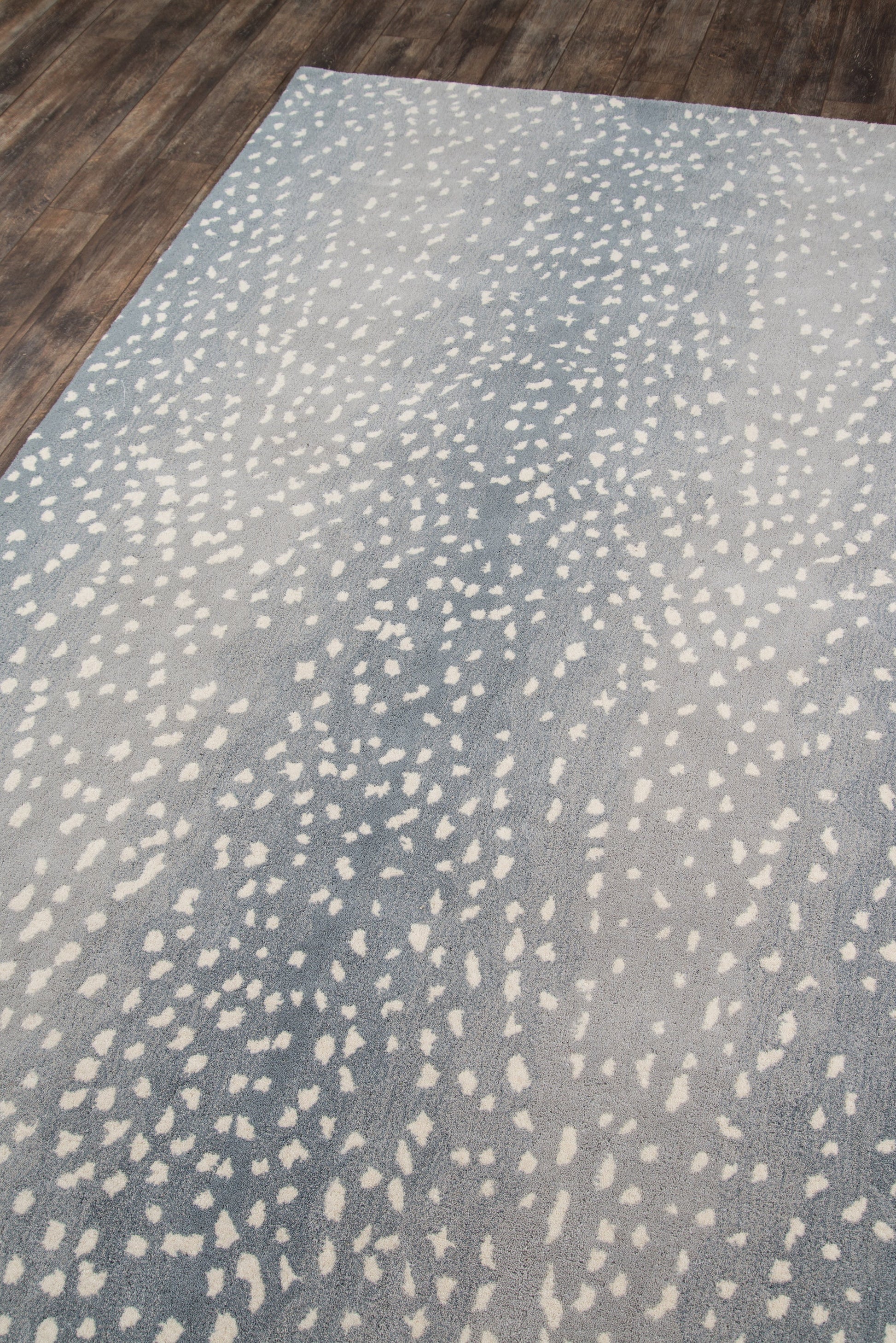 Blue-gray rectangular rug with white speckled dot pattern on a wooden floor.