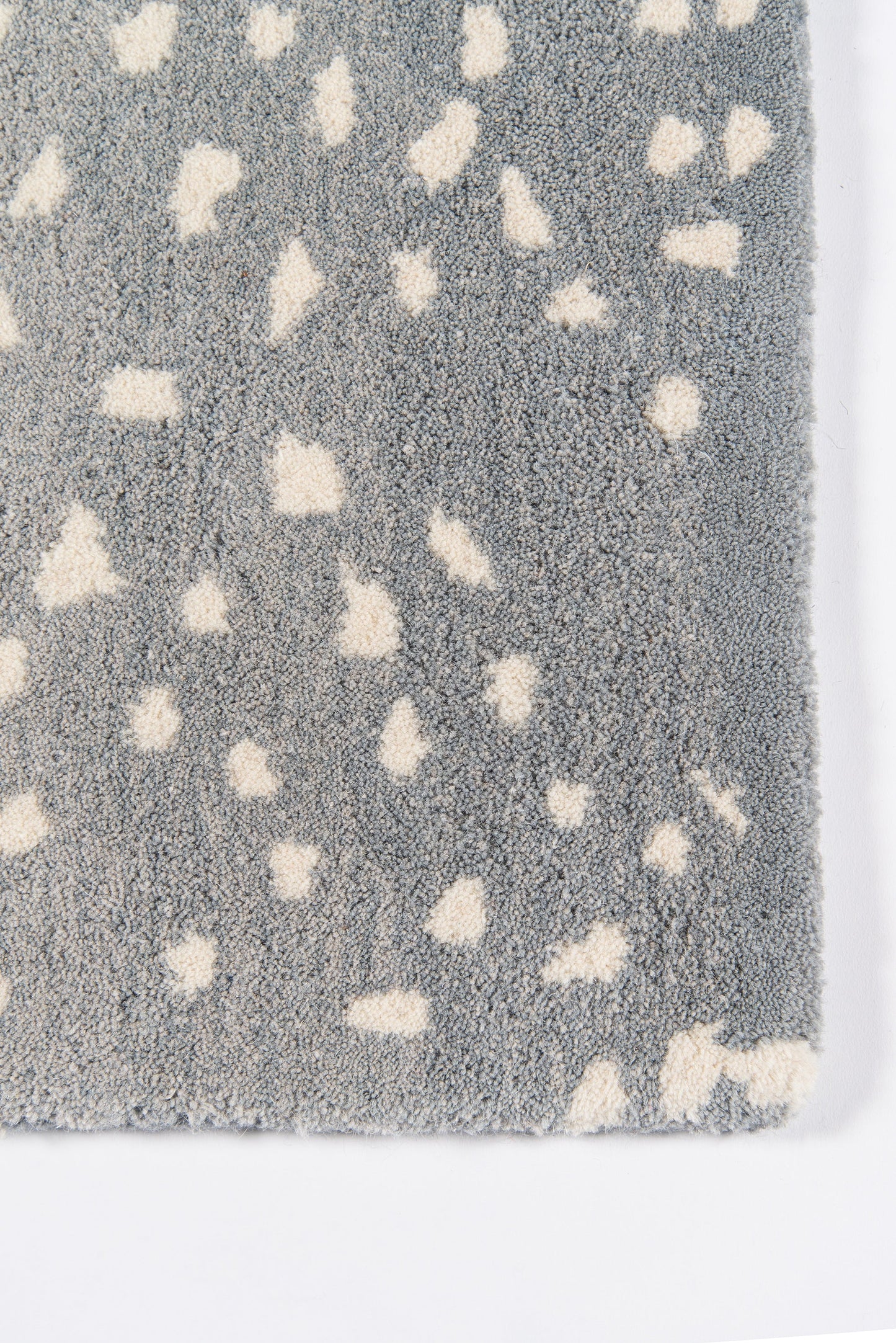 Blue-gray plush shag rug with cream-white speckles; 2' x 3' rectangular area rug.