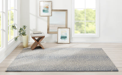 Light blue-grey dotted rug on pale wood floor in a bright room with a wooden X-legged stool, plant, and leaning framed art.