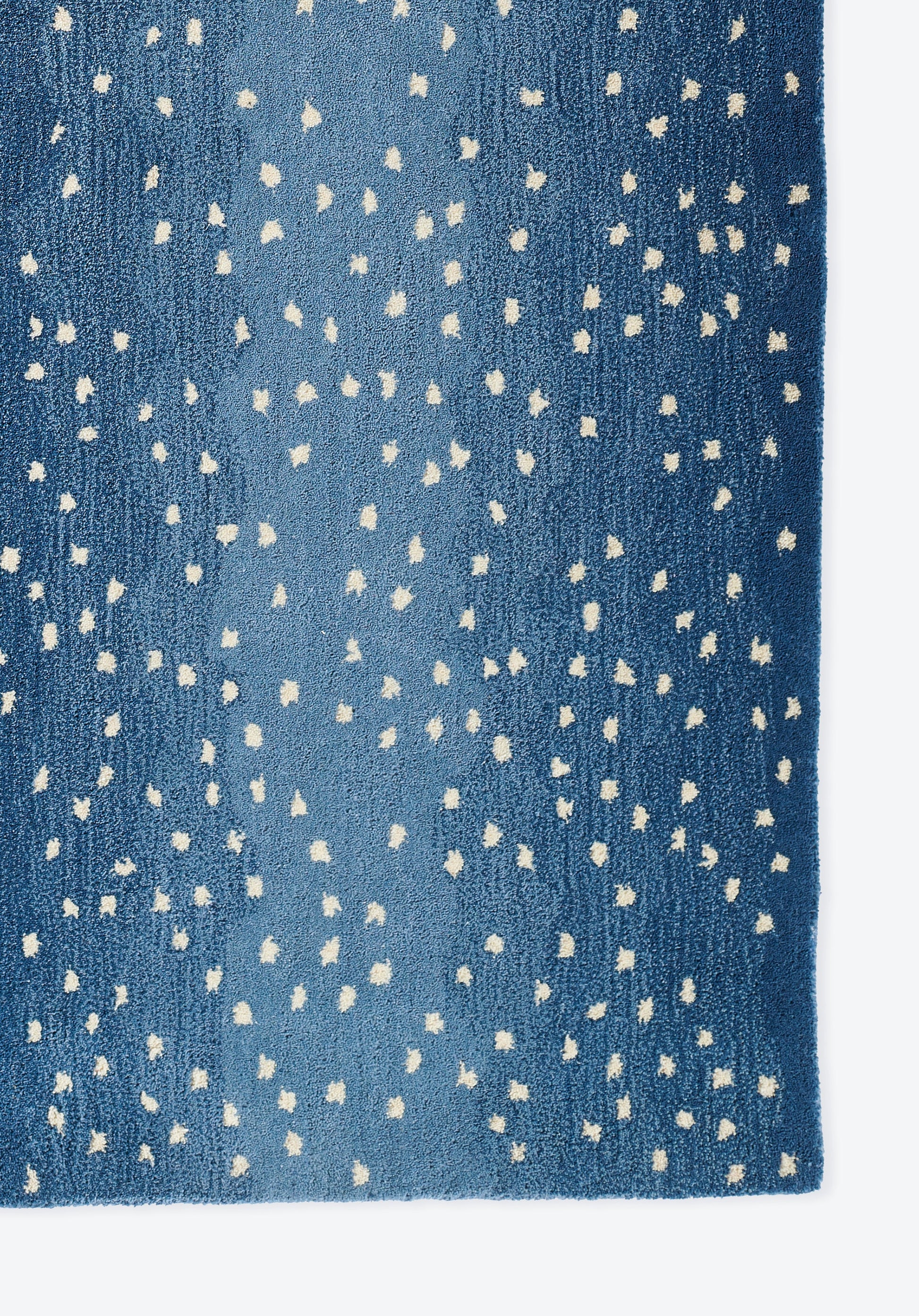 Blue rug with cream speckled dot pattern; rectangular, soft textile for living room or bedroom decor.