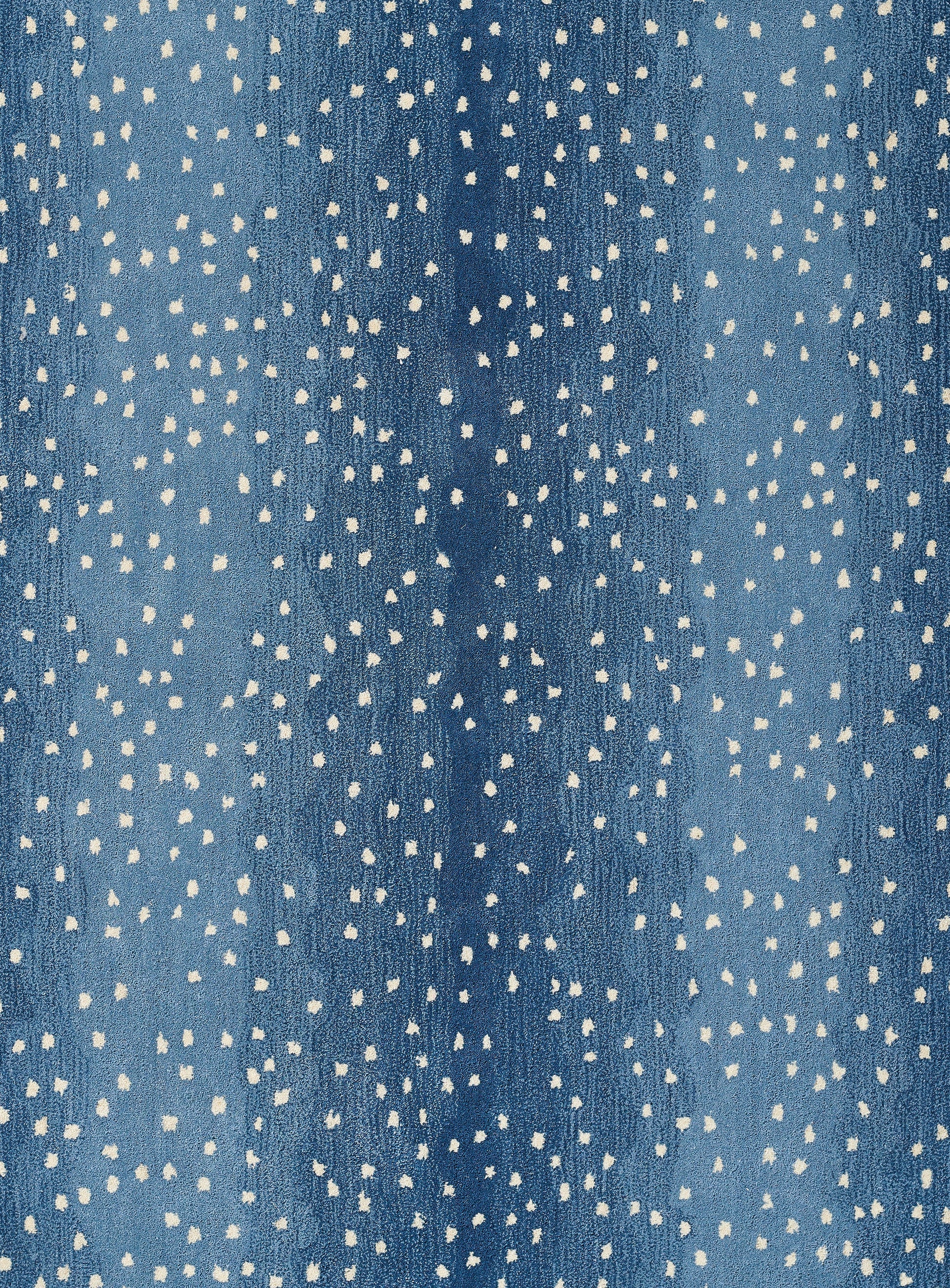 Blue rug with irregular white speckles and a dotted pattern.