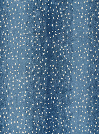 Blue denim-look rug runner with small white speckled dots.