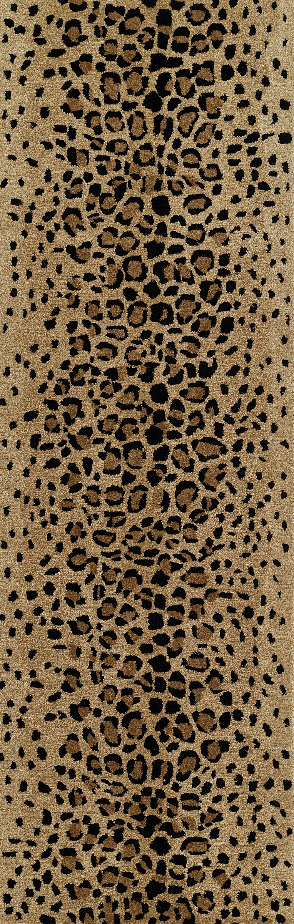Leopard print rug with tan/gold background and black spots, 2' x 3'.
