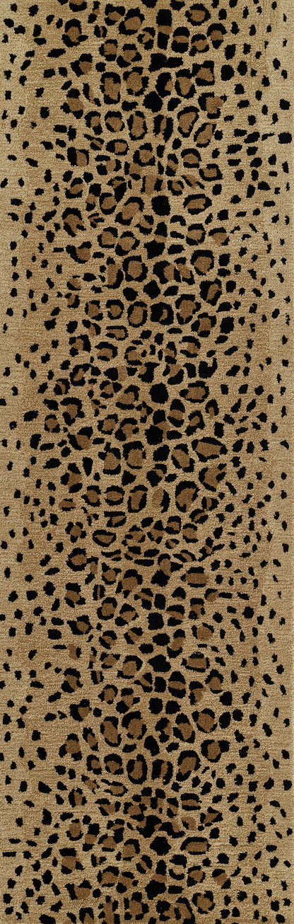 Leopard-print runner rug in warm tan with black spots; bold animal pattern, versatile decor accent.