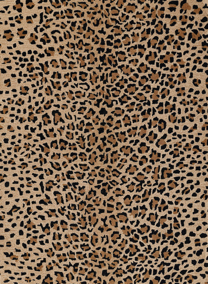 Leopard-pattern rug in tan and beige with black and brown spots; bold animal-print area rug, 7'9" x 9'9".