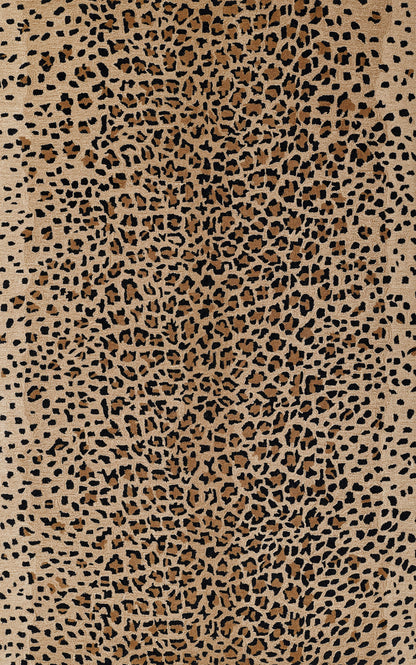 Beige knit fabric with dense leopard print in black and brown spots; versatile animal-pattern textile.