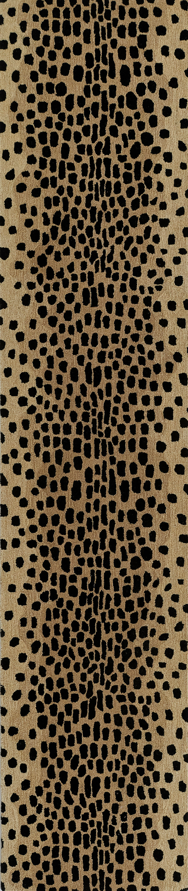 Tan cheetah-pattern rug with irregular black spots; bold animal-print design, 2' x 3'.