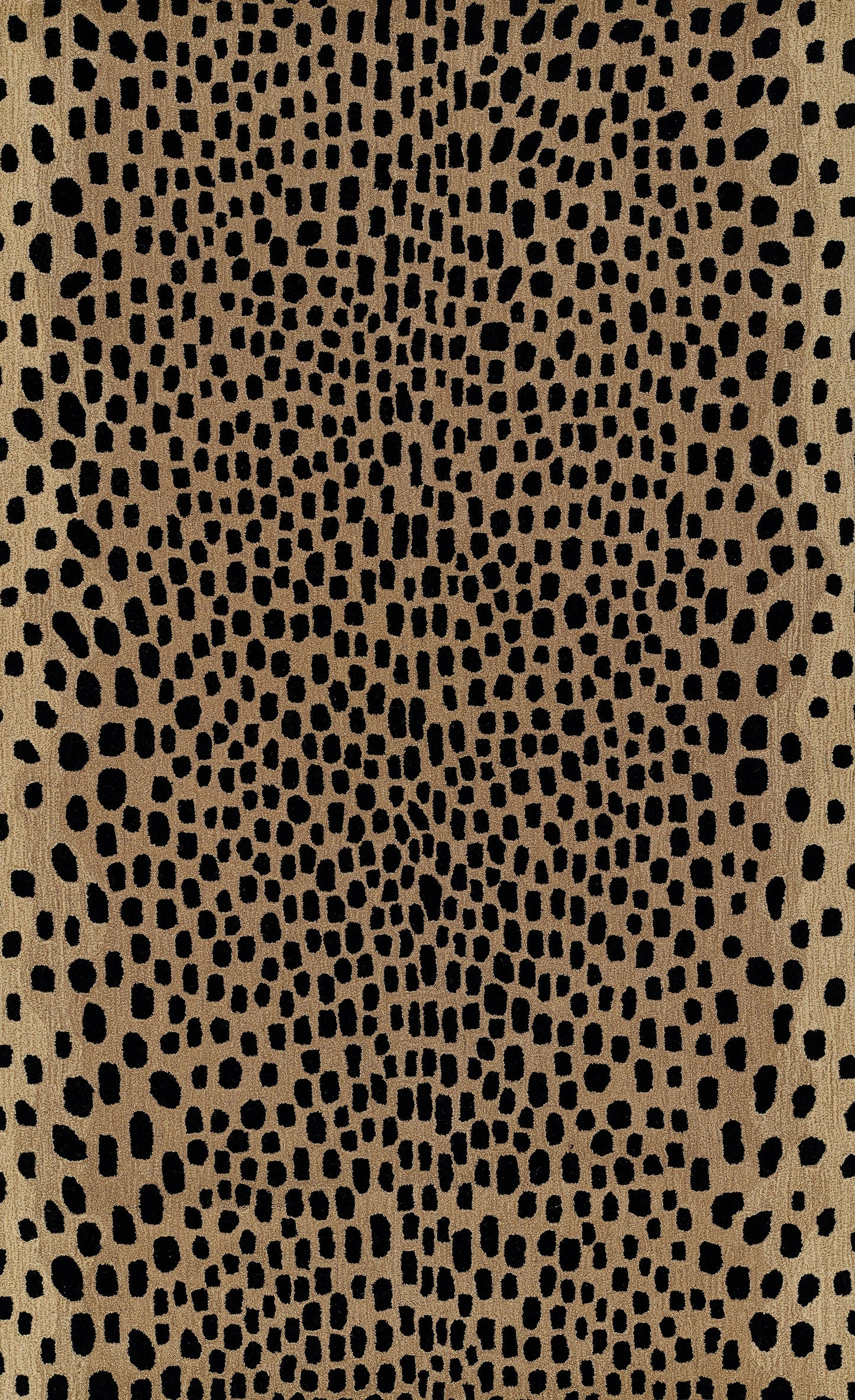 Tan fabric with black leopard-like dotted pattern; faux animal-skin textile for fashion or decor.