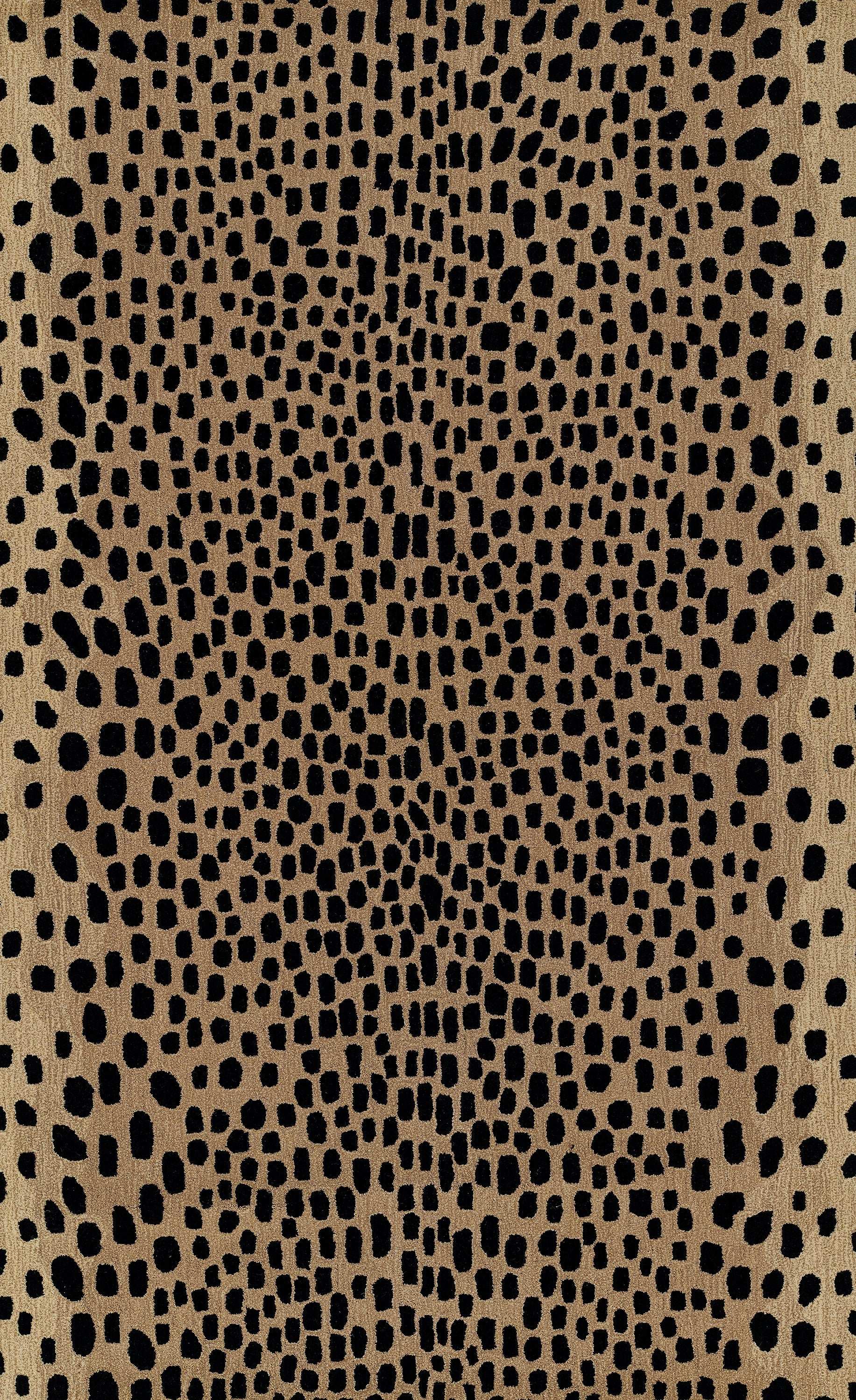 Tan fabric with black leopard-like dotted pattern; faux animal-skin textile for fashion or decor.
