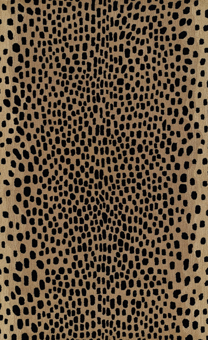 Tan fabric with black leopard-like dotted pattern; faux animal-skin textile for fashion or decor.