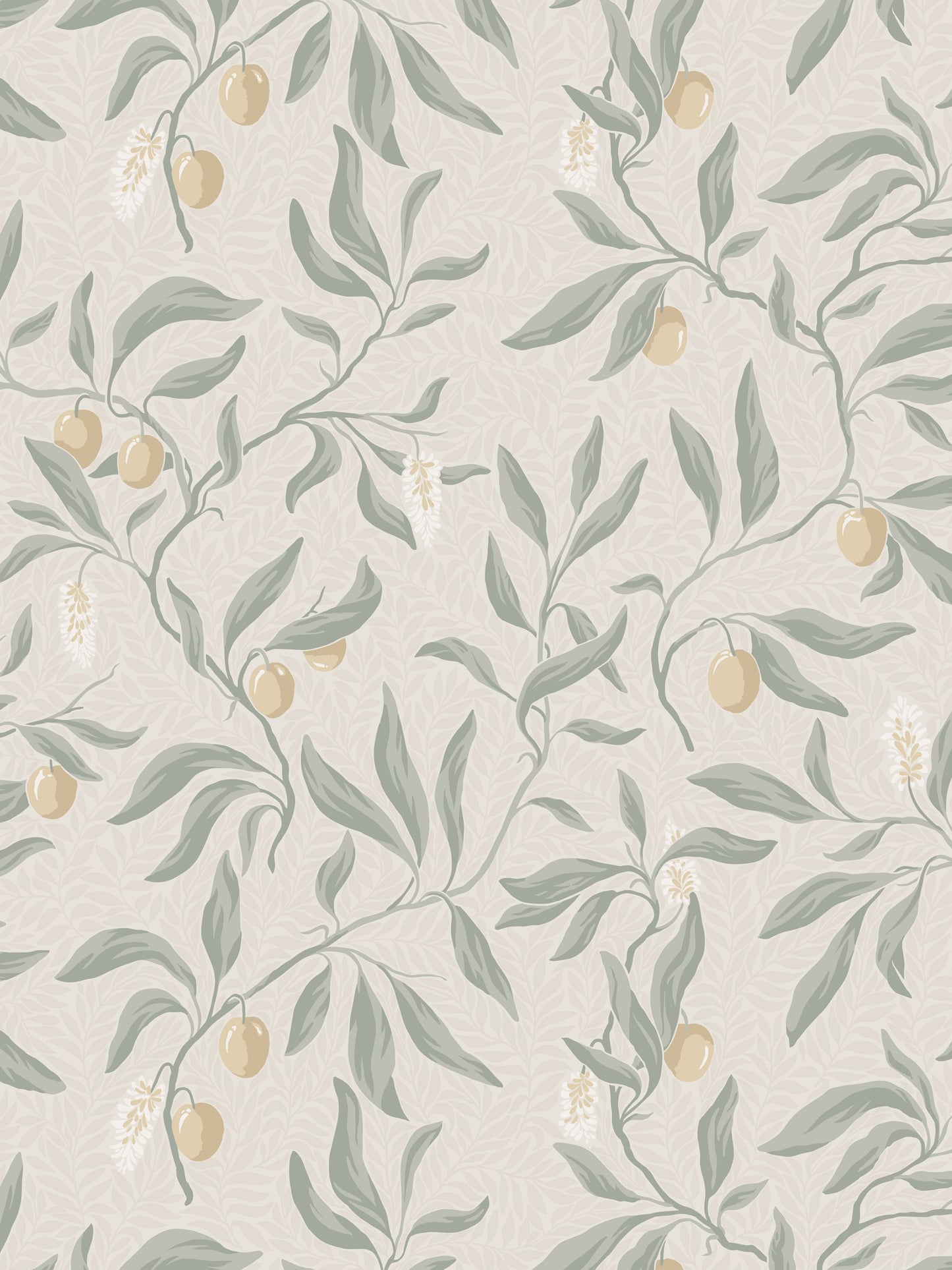 Botanical wallpaper pattern with olive branches in muted greens and pale yellow olives on a cream textured background.