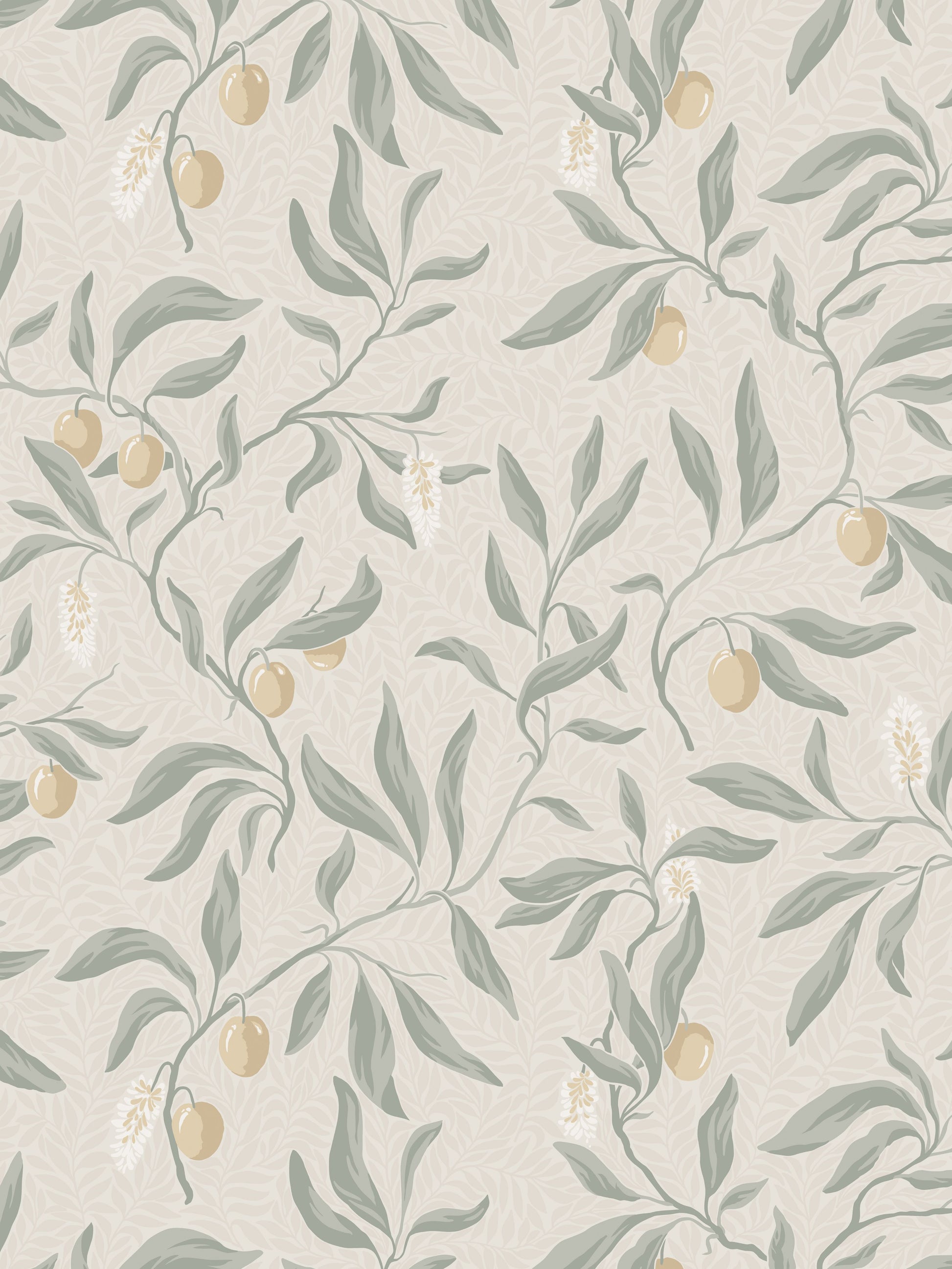 Botanical wallpaper pattern with olive branches in muted greens and pale yellow olives on a cream textured background.