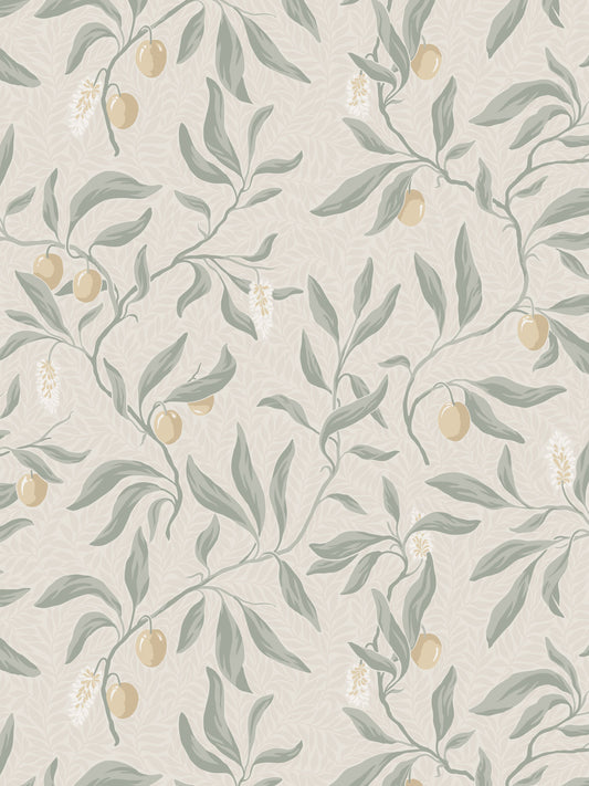 Botanical wallpaper pattern with olive branches in muted greens and pale yellow olives on a cream textured background.