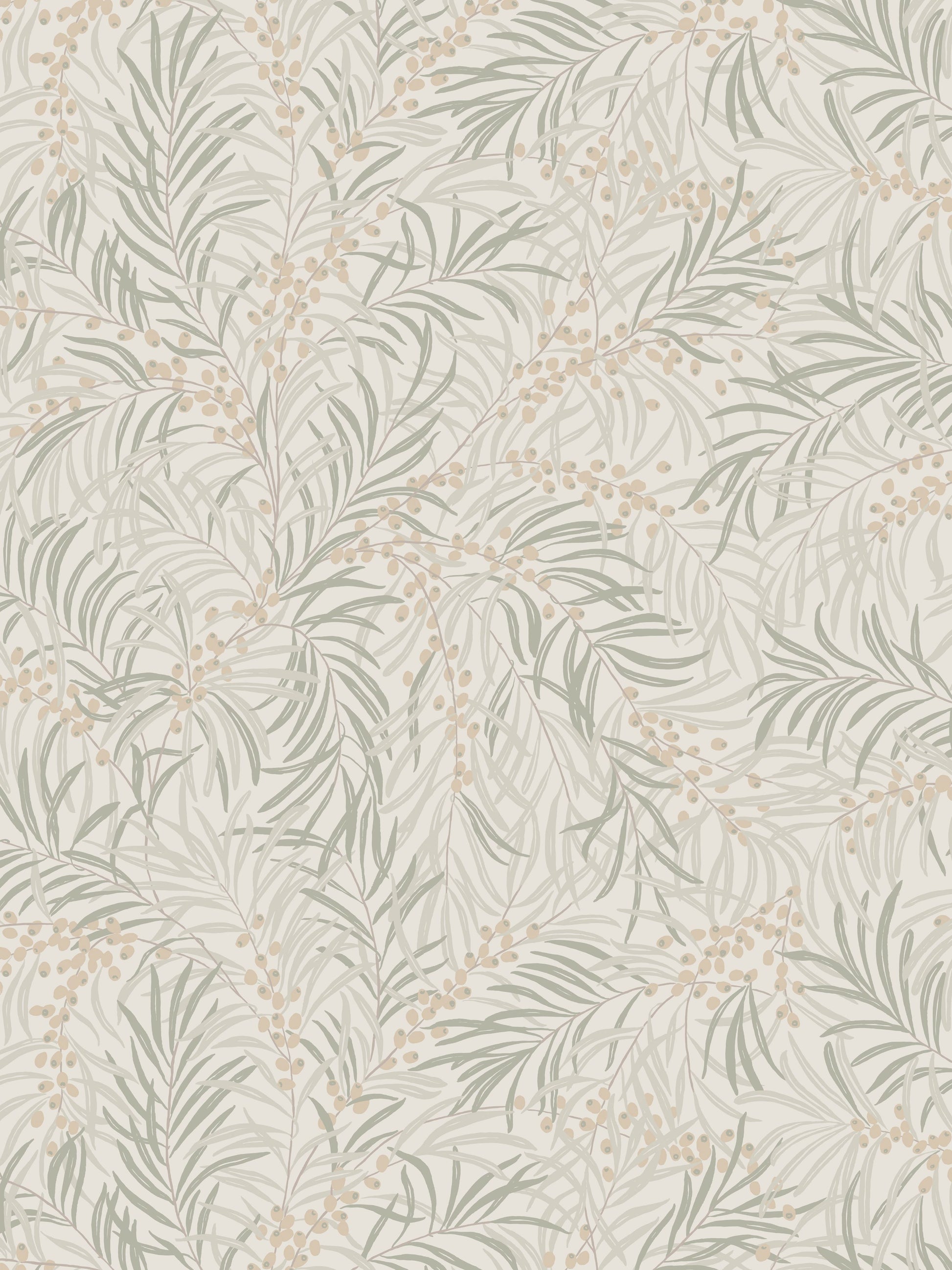 Beige wallpaper with grey-green leafy branches and small tan berries; botanical pattern for walls.