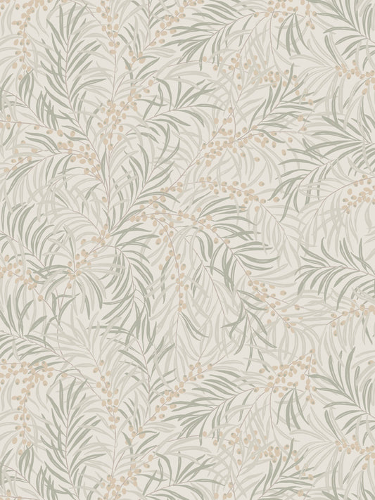 Beige wallpaper with grey-green leafy branches and small tan berries; botanical pattern for walls.