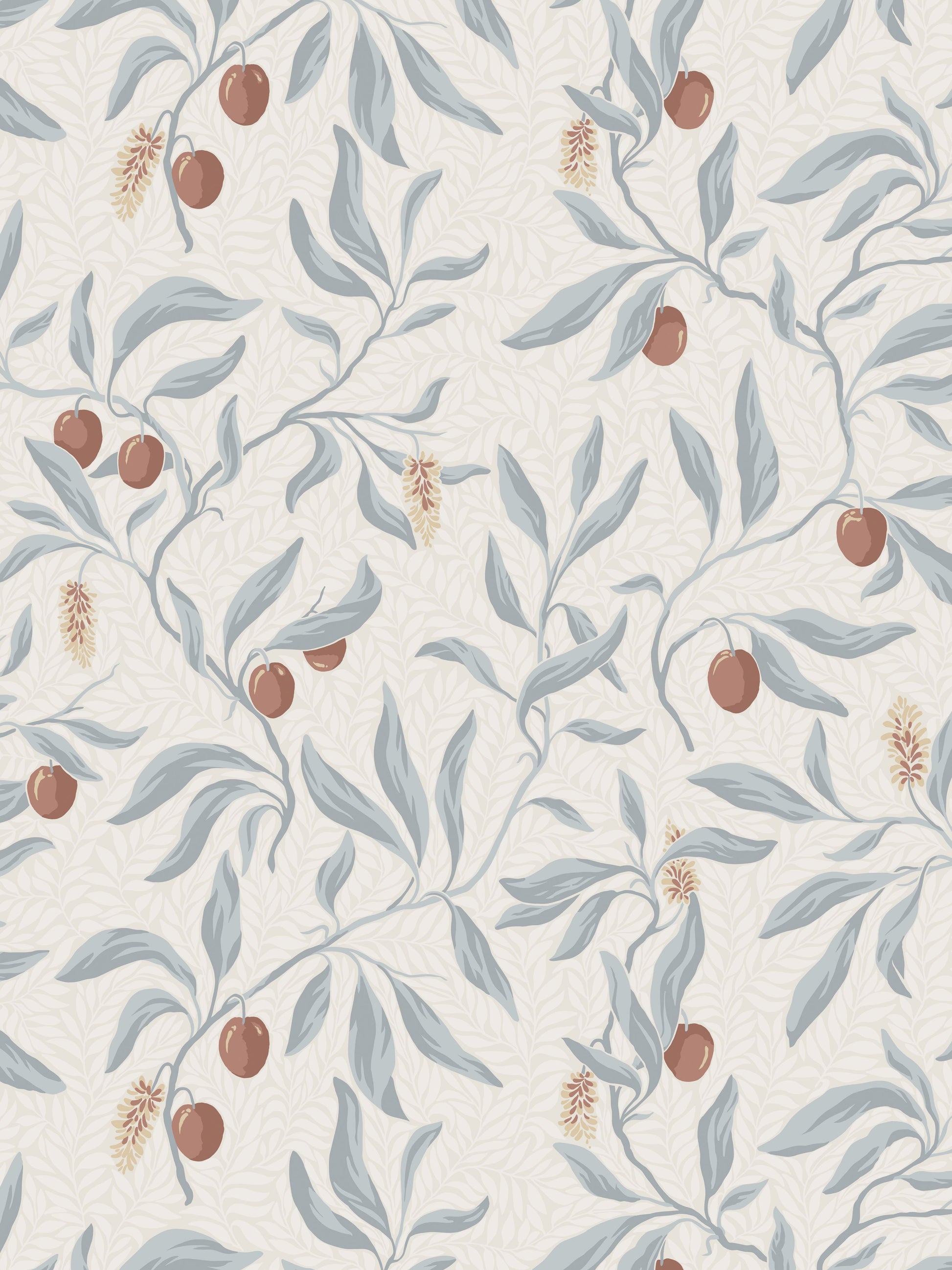 Botanical wallpaper pattern with blue-gray leaves and red berries on a cream textured background; vintage-inspired decor.