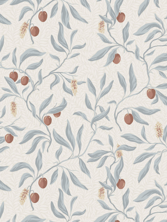 Botanical wallpaper pattern with blue-gray leaves and red berries on a cream textured background; vintage-inspired decor.