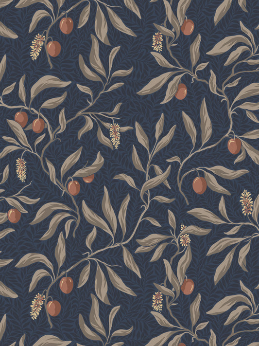 Navy fabric pattern with beige olive branches, orange olives, and cream floral accents in a vintage botanical style.