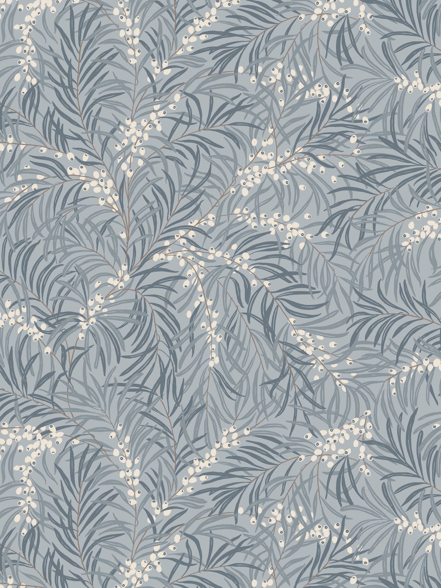 Blue-gray botanical print with slender leaves and white berry clusters; ideal for wallpaper or fabric.