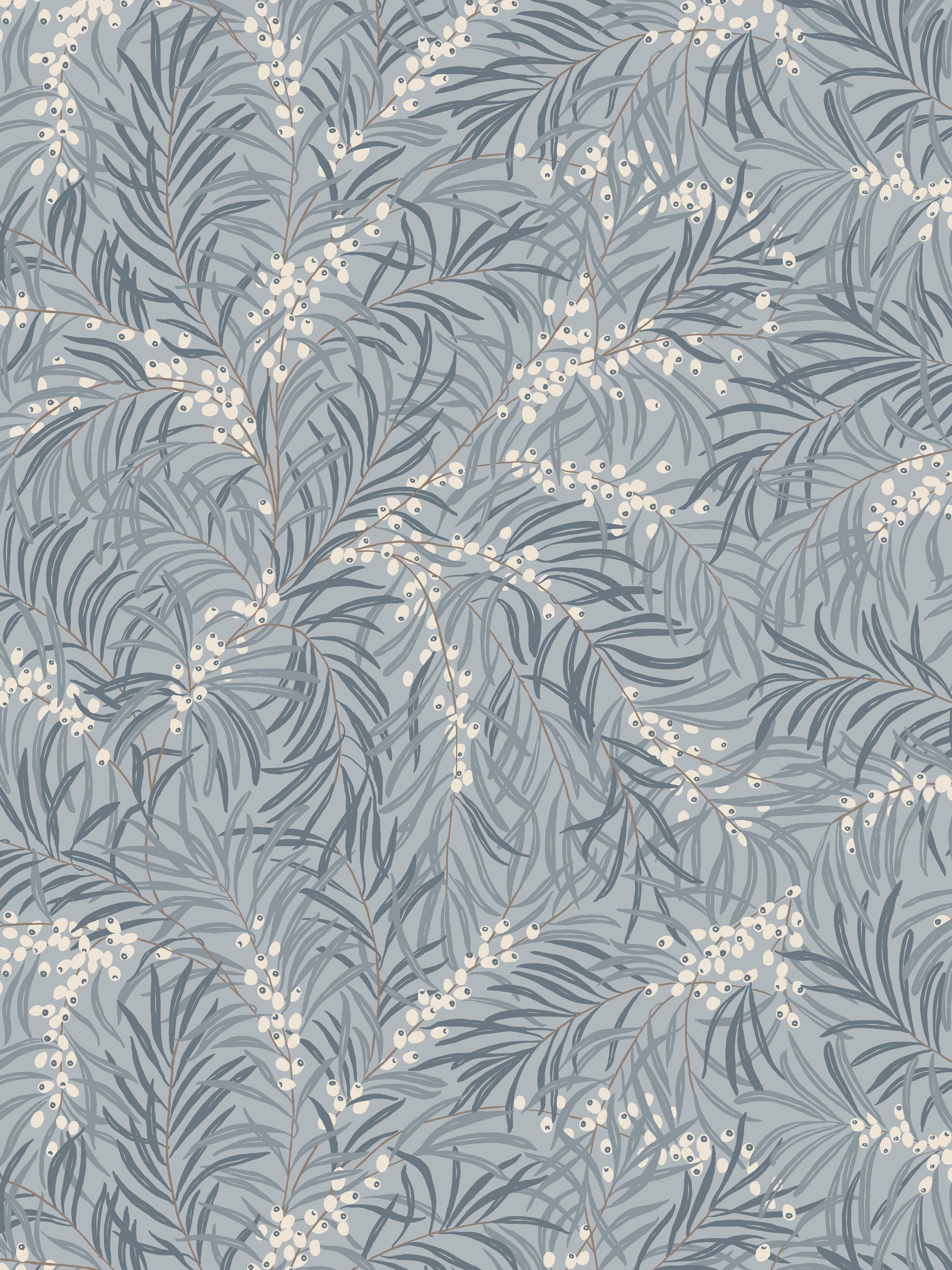 Blue-gray botanical print with slender leaves and white berry clusters; ideal for wallpaper or fabric.