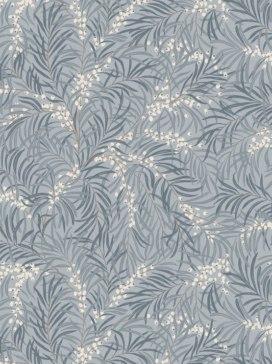 Blue-gray botanical print with slender leaves and white berry clusters; ideal for wallpaper or fabric.