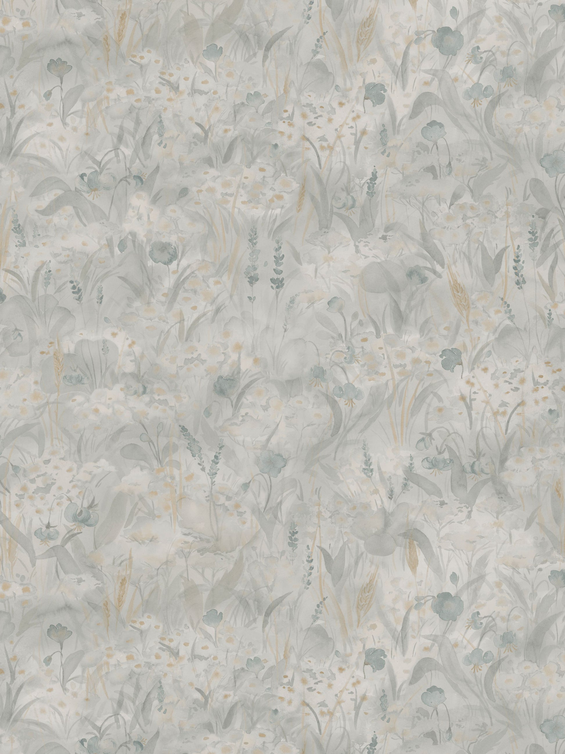 Soft botanical wallpaper with pale gray-blue and beige watercolor leaves and flowers.