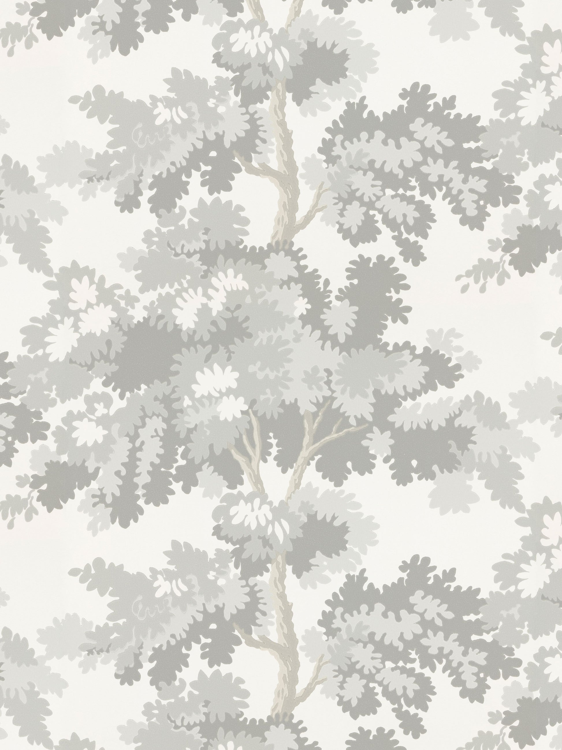 Grey botanical wallpaper with pale oak-like leaves and beige stems on ivory background; repeating vertical pattern.