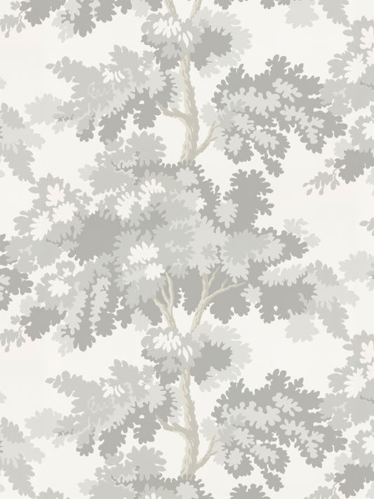 Grey botanical wallpaper with pale oak-like leaves and beige stems on ivory background; repeating vertical pattern.