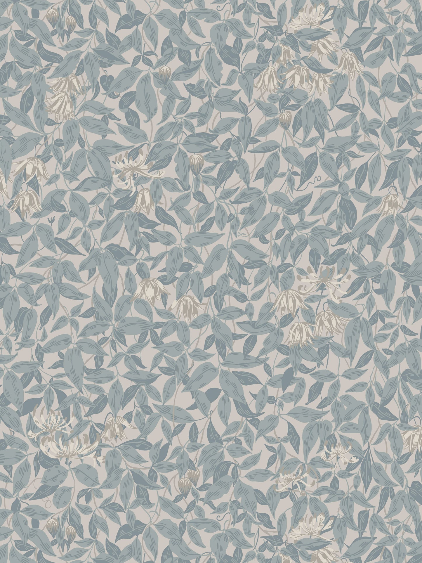 Dusty blue leaves botanical wallpaper with beige background and subtle floral clusters.