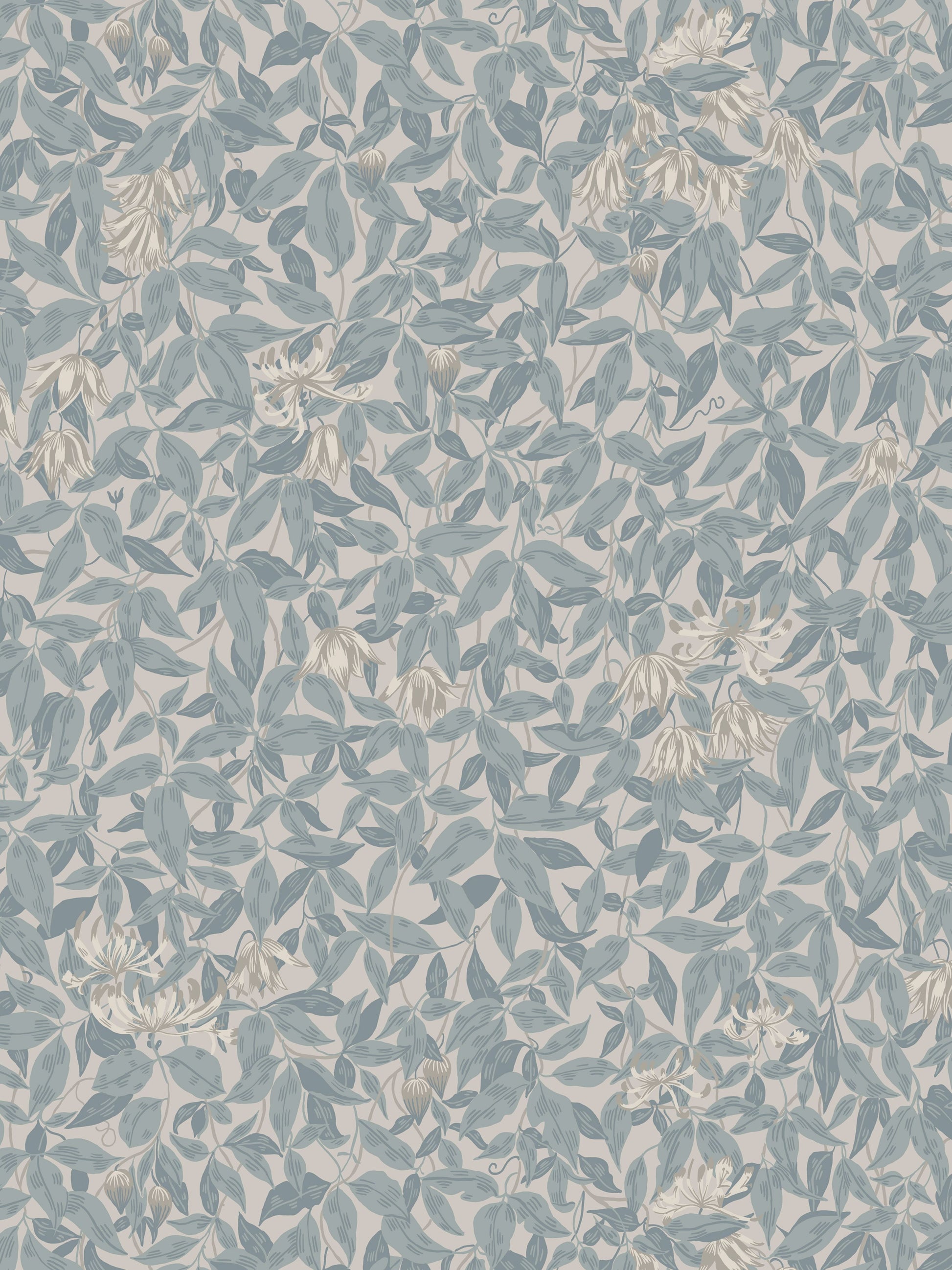 Dusty blue leaves botanical wallpaper with beige background and subtle floral clusters.