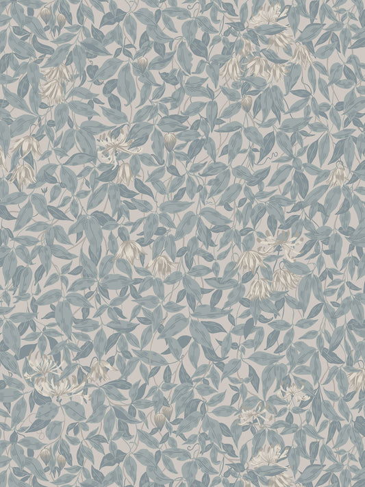 Dusty blue leaves botanical wallpaper with beige background and subtle floral clusters.